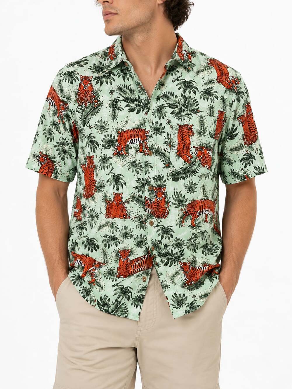 Old Navy Men's Slim Fit Camp Shirt with Tropical Tiger Jungle Print